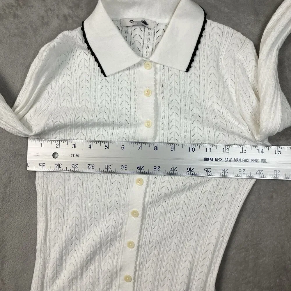 Madewell Cardigan Womens XXS White Ruffle Trim Pointelle Peter Pan Preppy NY455